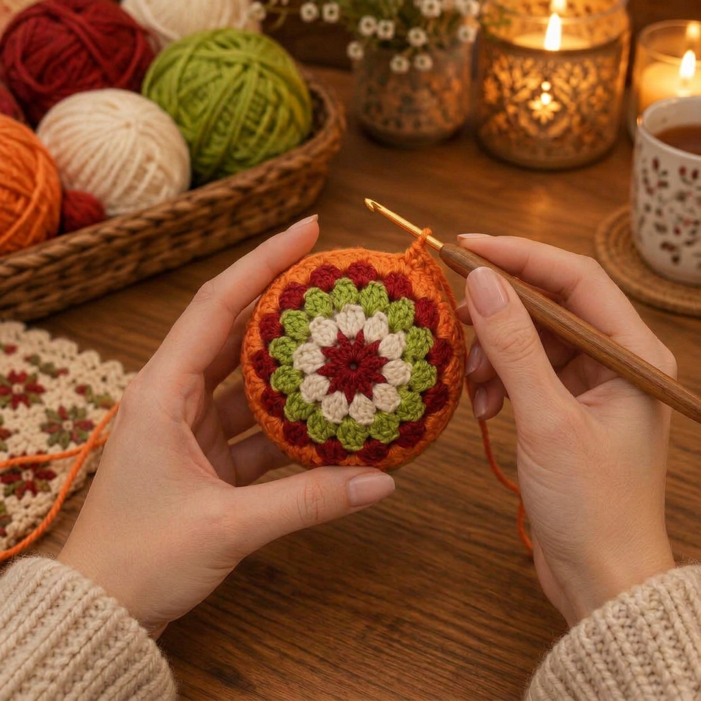 Manos tejiendo una bola navideña a crochet